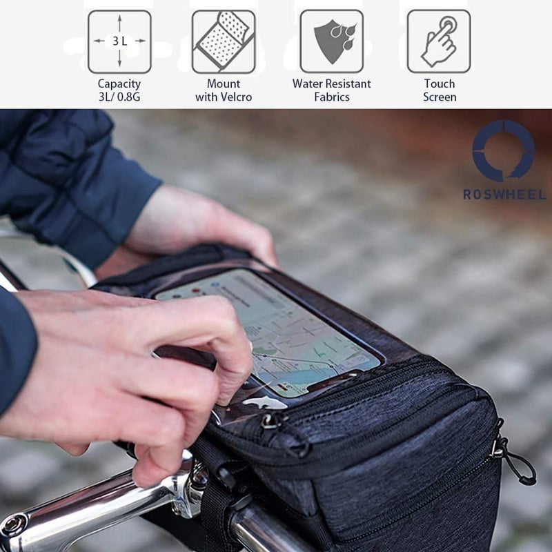 Roswheel Essentials Series Bike Handlebar Bag Bicycle Basket Pack with Map Holder/Phone Pouch, Black - Image 4